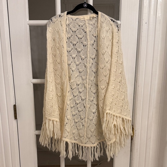 Sleeping On Snow Sweaters - ANTHROPOLOGIE SLEEPING ON SNOW Women's Ivory Knit Fringe Open Poncho Cardigan